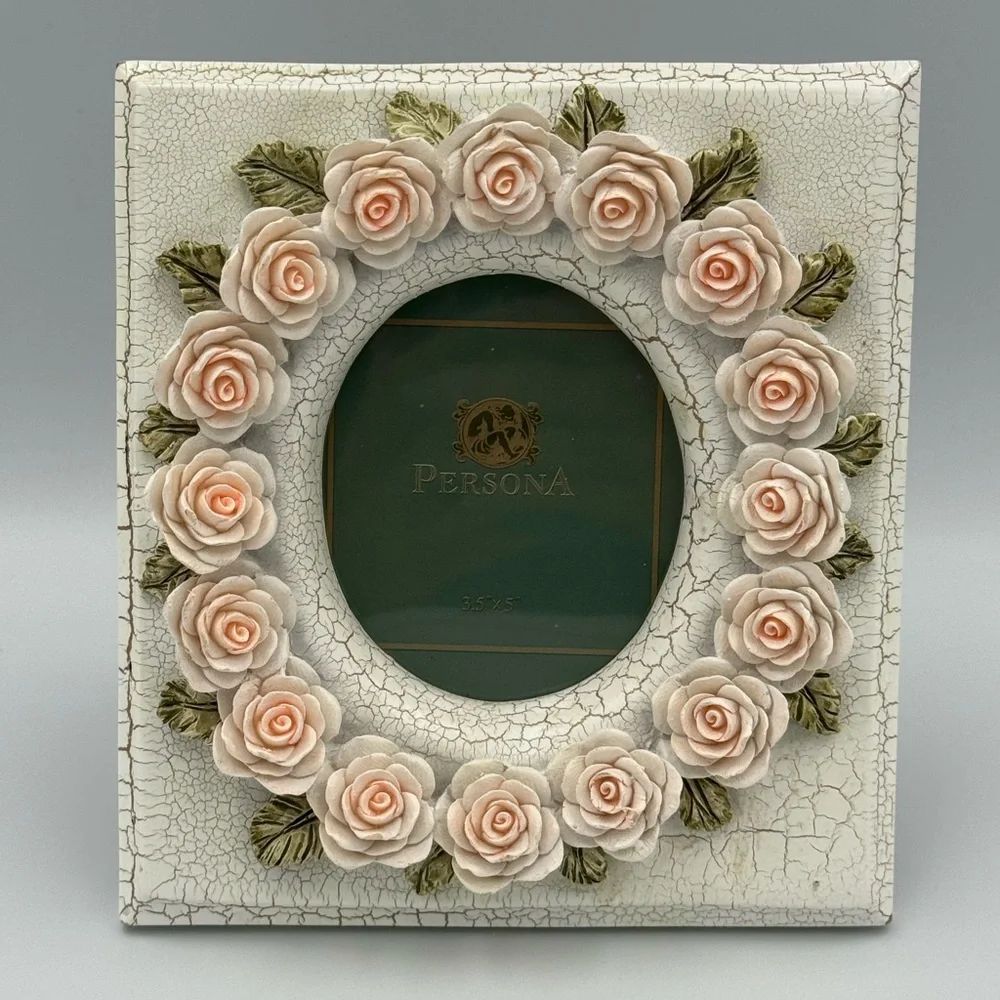 Coquette Rose Picture Frame 3.5 x 5 Crackle Finish Vintage Floral Decor